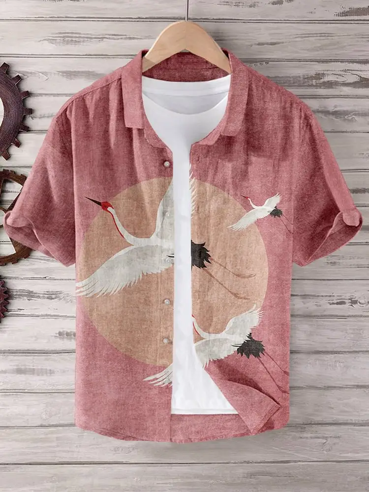Men Blue Floral Short Sleeve Button Shirt White Pants — feature 5