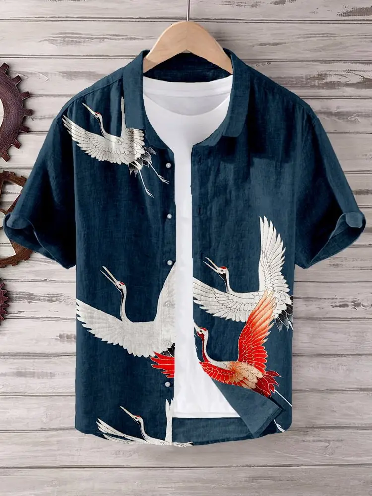 Men Blue Floral Short Sleeve Button Shirt White Pants — feature 7