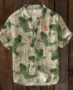 Men Blue Floral Short Sleeve Button Shirt White Pants - Image 11