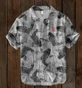 Men Blue Floral Short Sleeve Button Shirt White Pants - Image 12