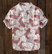 Men Blue Floral Short Sleeve Button Shirt White Pants - Image 13