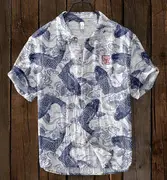Men Blue Floral Short Sleeve Button Shirt White Pants - Image 14