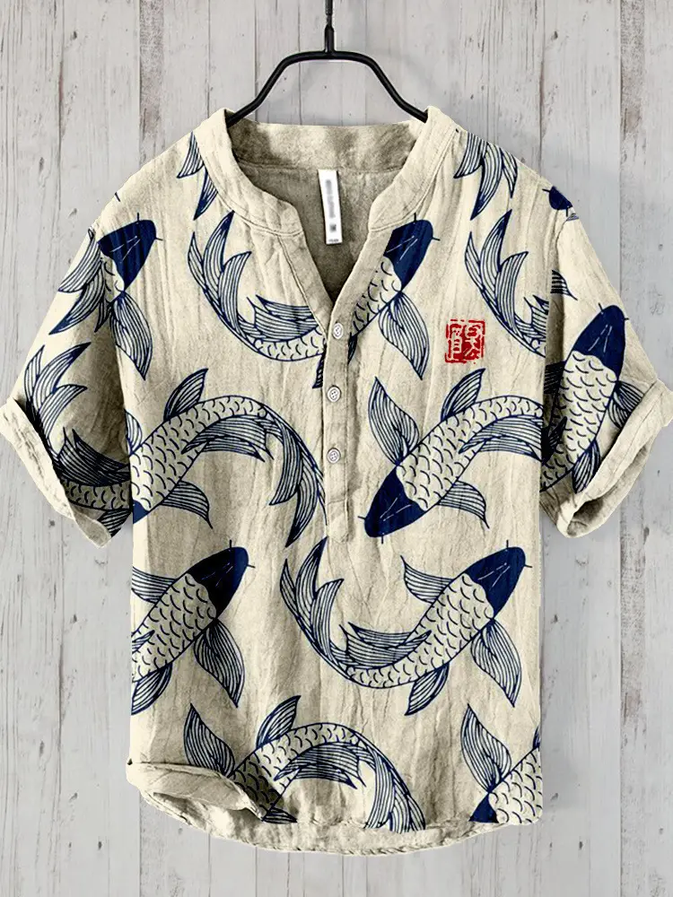 Men Blue Floral Short Sleeve Button Shirt White Pants - Image 15
