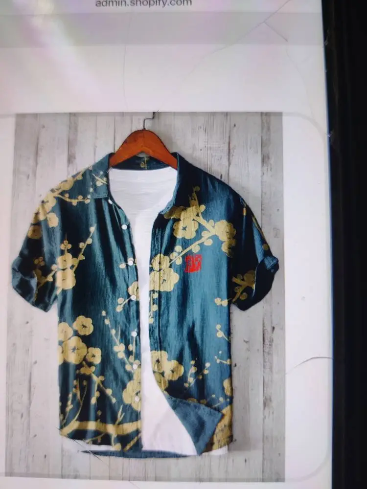 Men Blue Floral Short Sleeve Button Shirt White Pants - Image 16