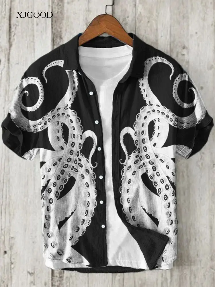 Men Blue Floral Short Sleeve Button Shirt White Pants - Image 17