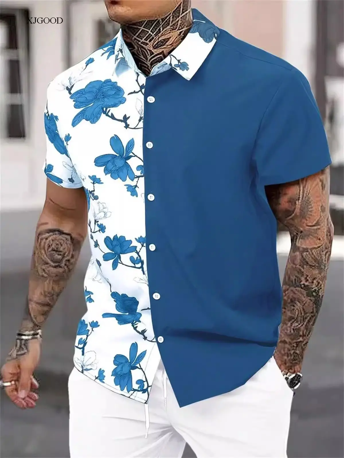 Men Blue Floral Short Sleeve Button Shirt White Pants - Image 19