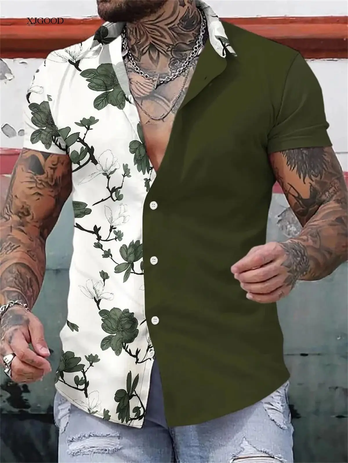 Men Blue Floral Short Sleeve Button Shirt White Pants - Image 20