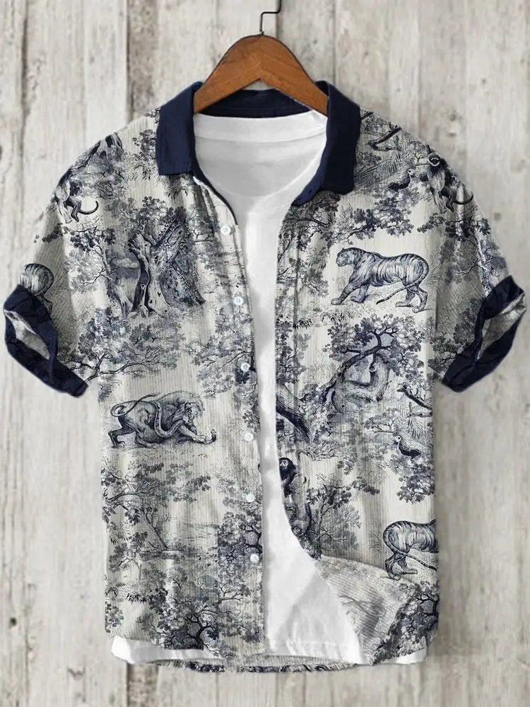 Men Blue Floral Short Sleeve Button Shirt White Pants - Image 6