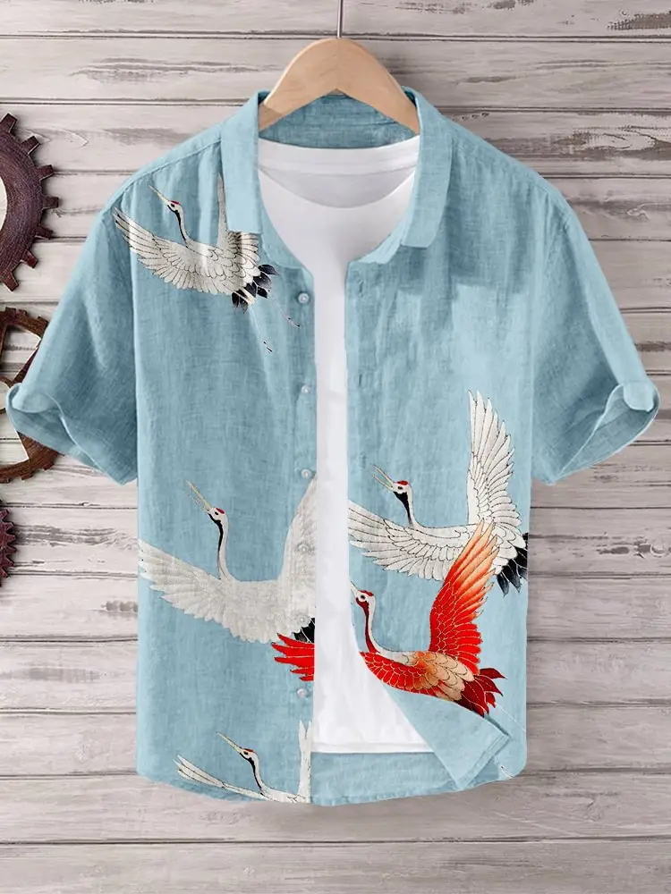 Men Blue Floral Short Sleeve Button Shirt White Pants - Image 9