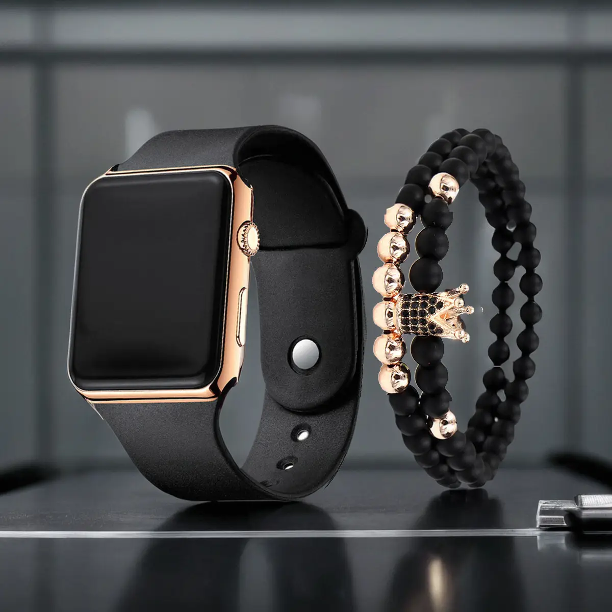 Men's Black Silicone Smart Watch with Bracelet Set - Image 4