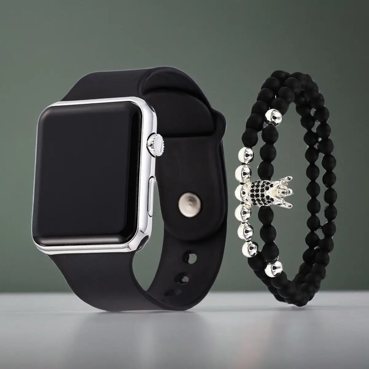 Men's Black Silicone Smart Watch with Bracelet Set - Image 3
