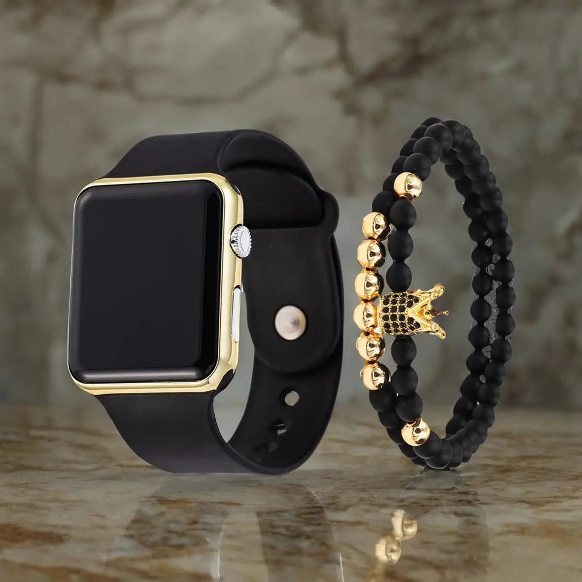 Men's Black Silicone Smart Watch with Bracelet Set - Image 2