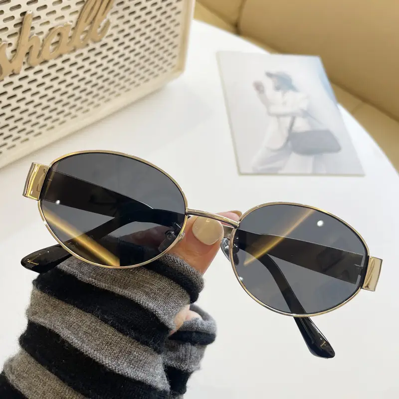 Women's Gold Metal Oval Sunglasses with Dark Sillars - Image 4