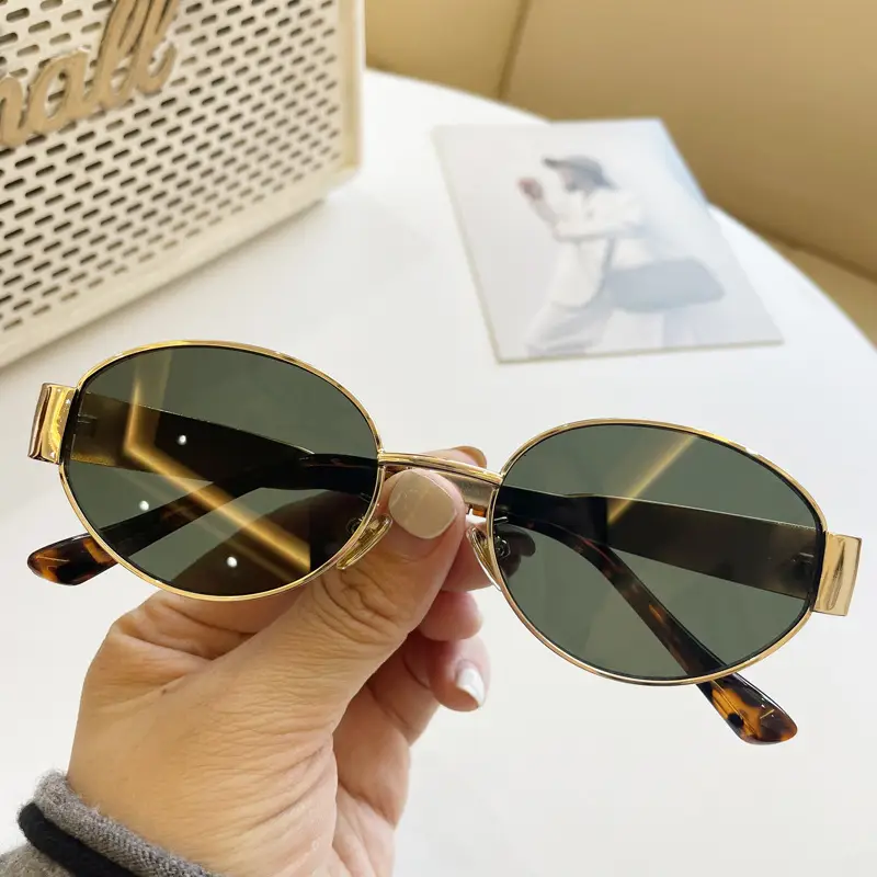 Women's Gold Metal Oval Sunglasses with Dark Sillars - Image 5
