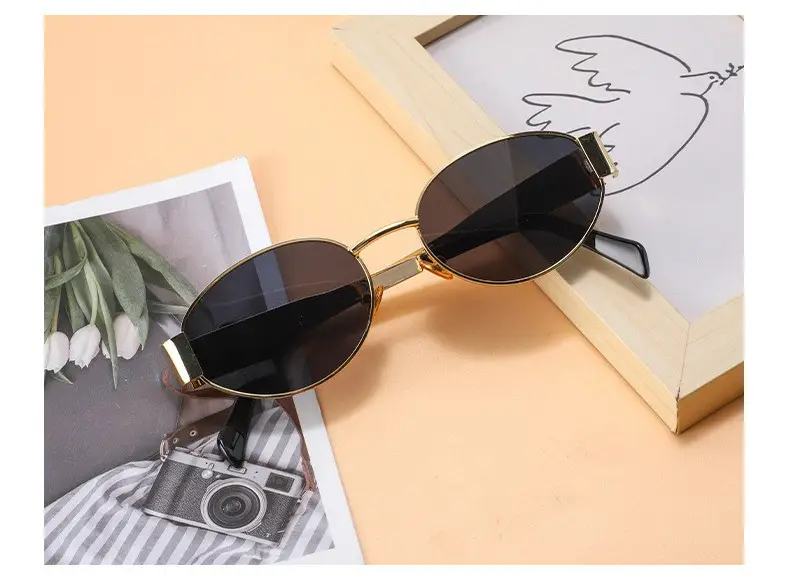 Women's Gold Metal Oval Sunglasses with Dark Sillars — feature 10