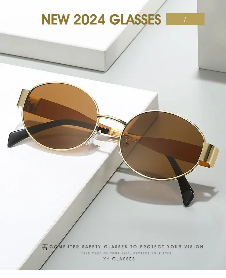 Women's Gold Metal Oval Sunglasses with Dark Sillars — feature 2