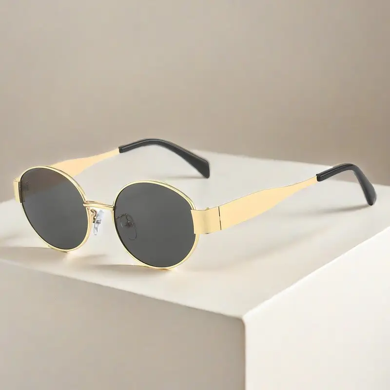 Women's Gold Metal Oval Sunglasses with Dark Sillars