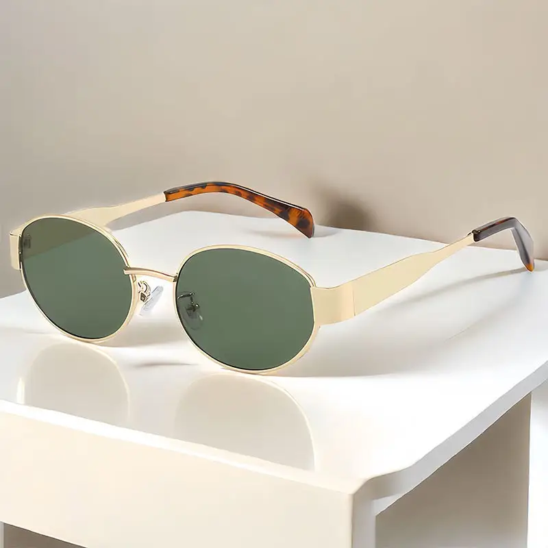 Women's Gold Metal Oval Sunglasses with Dark Sillars - Image 2