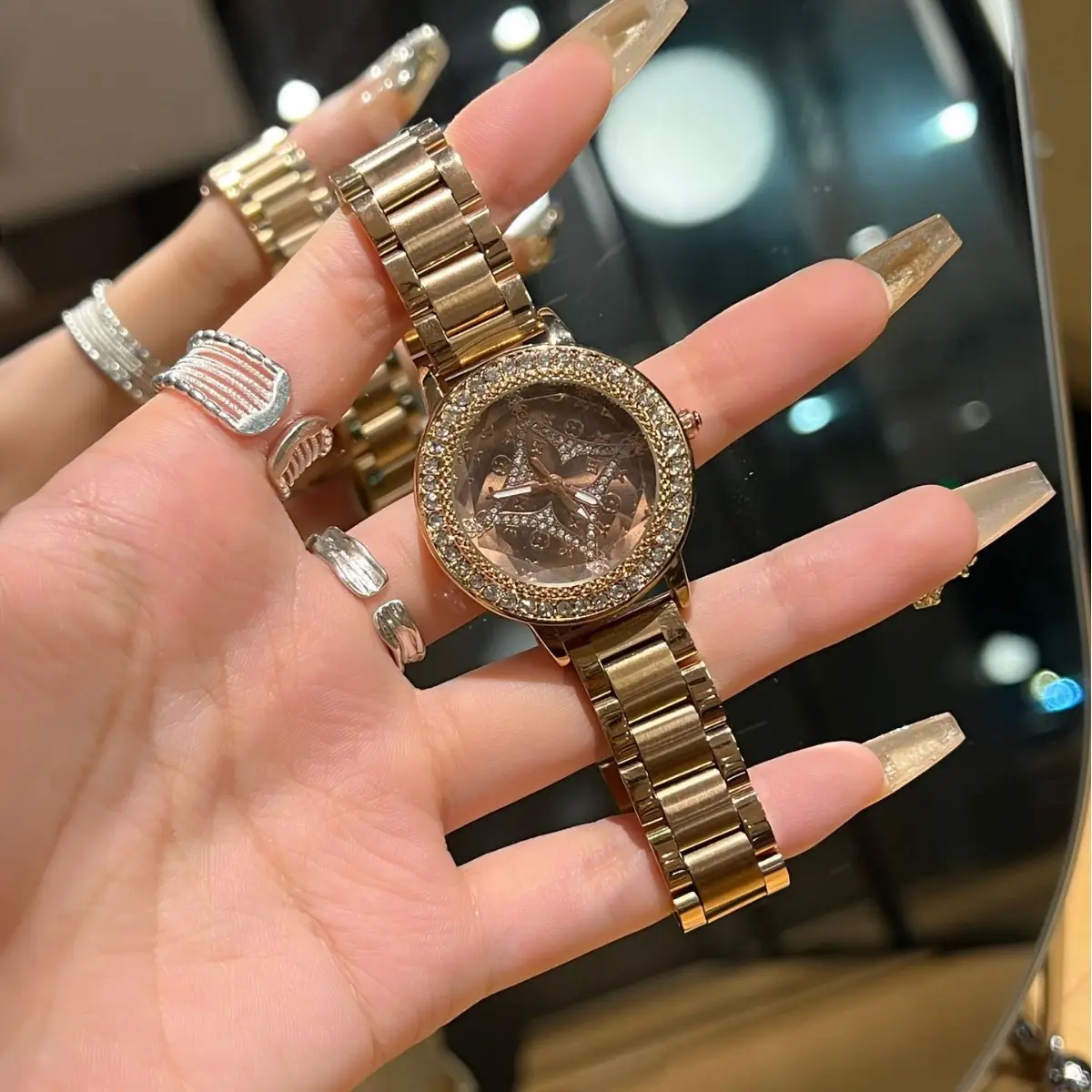 Women's Diamond-Encrusted Steel Watch with Luminous Hands - Image 2
