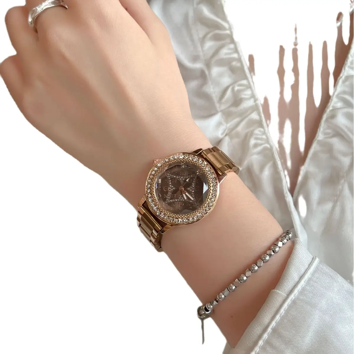Women's Diamond-Encrusted Steel Watch with Luminous Hands - Image 5
