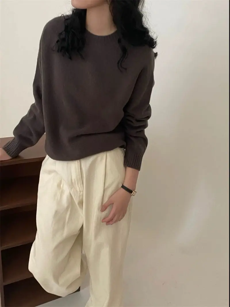 100% Pure Wool Soft Sweater for Women, Autumn and Winter Thick Loose Pullover, Lazy Style Base Knit Top, Export