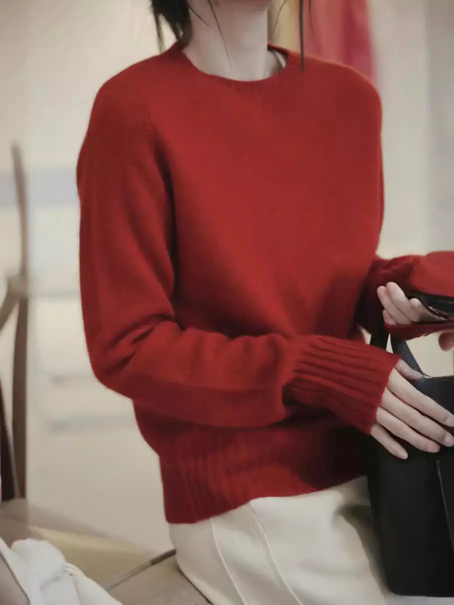 100% Pure Wool Soft Sweater for Women, Autumn and Winter Thick Loose Pullover, Lazy Style Base Knit Top, Export