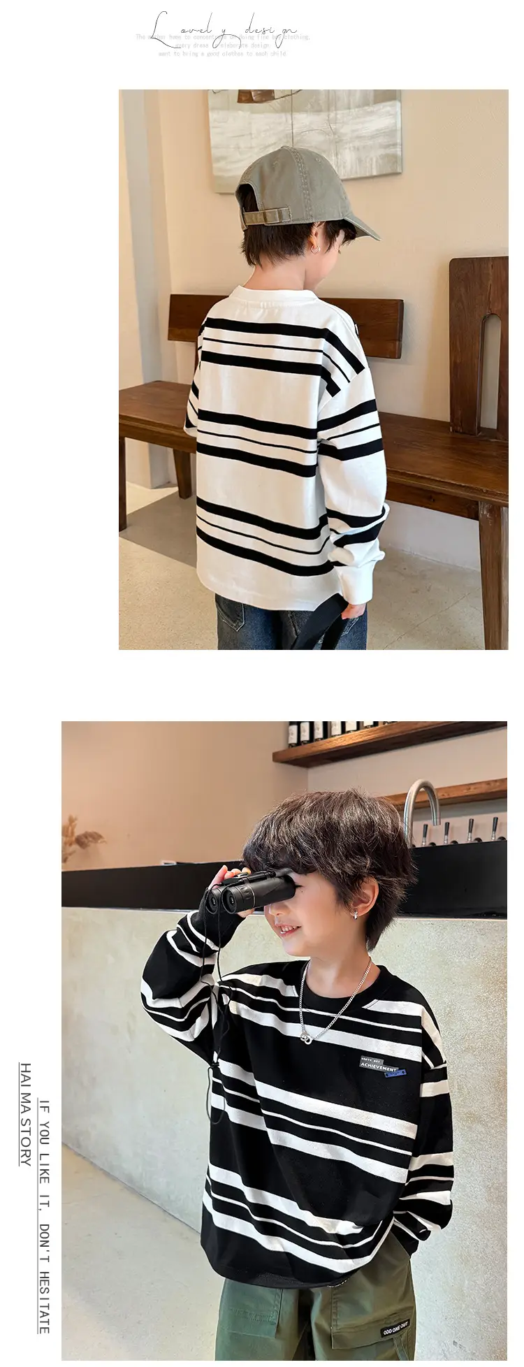 Kids Striped Long Sleeve T-Shirt Black White Korean Style — feature 11
