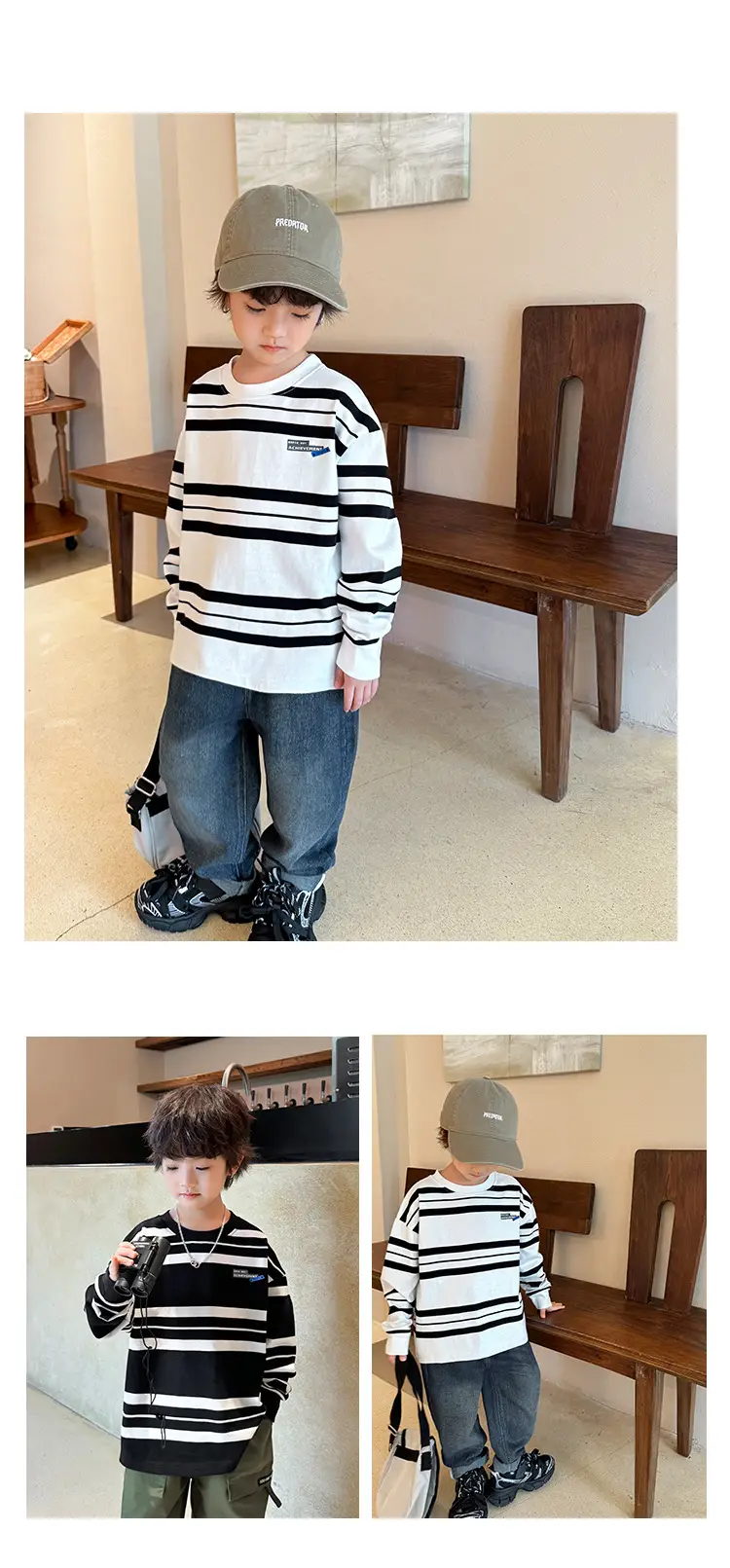 Kids Striped Long Sleeve T-Shirt Black White Korean Style — feature 12