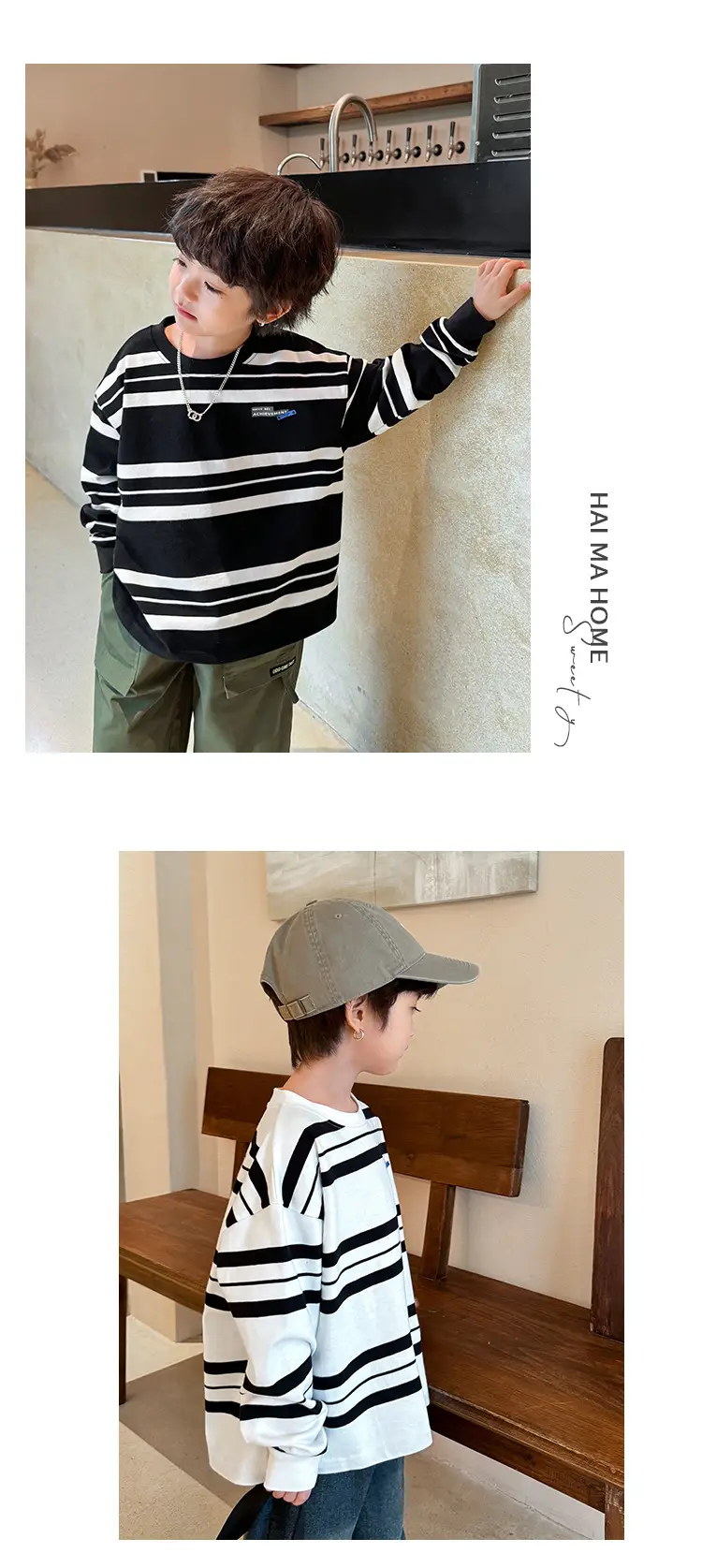Kids Striped Long Sleeve T-Shirt Black White Korean Style — feature 13