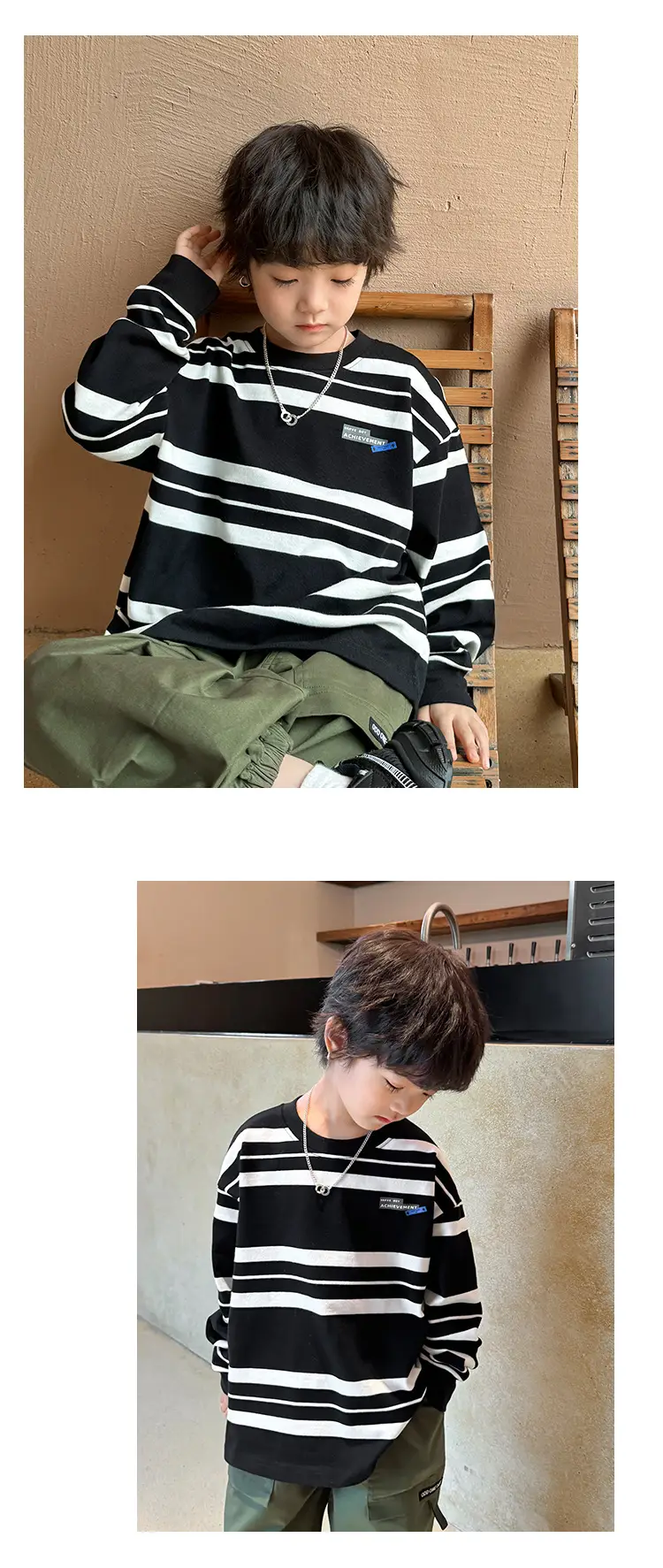 Kids Striped Long Sleeve T-Shirt Black White Korean Style — feature 15