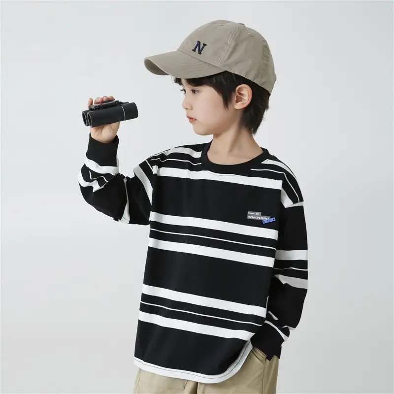 Kids Striped Long Sleeve T-Shirt Black White Korean Style - Image 2
