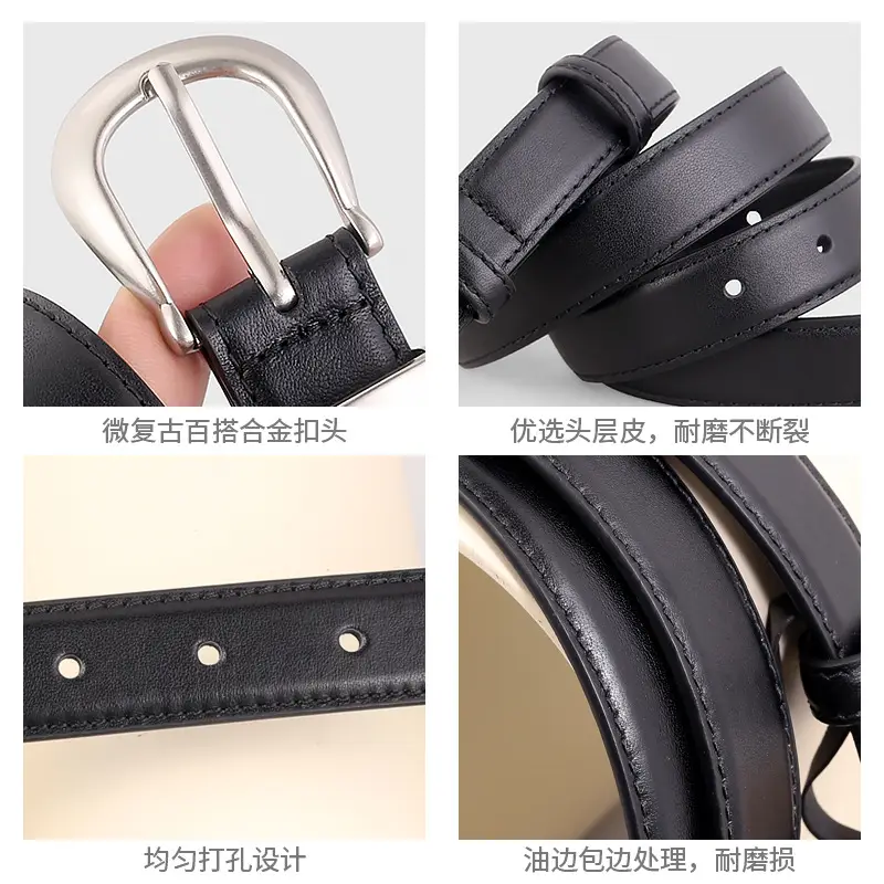 Women's Black Leather Buckle Belt with Silver Plate - Image 6