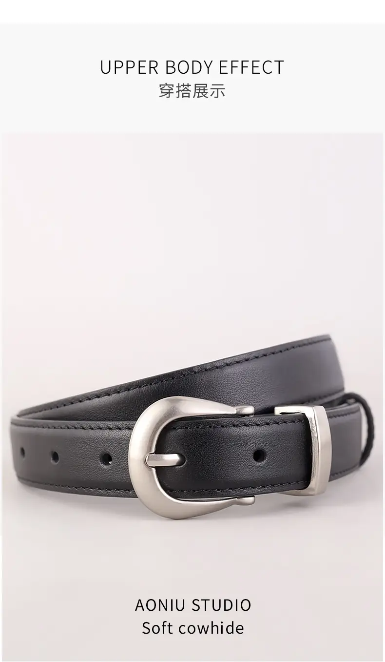 Women's Black Leather Buckle Belt with Silver Plate — feature 11