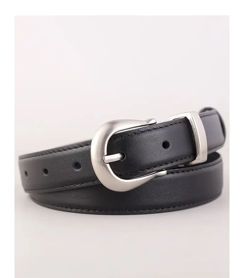 Women's Black Leather Buckle Belt with Silver Plate — feature 17