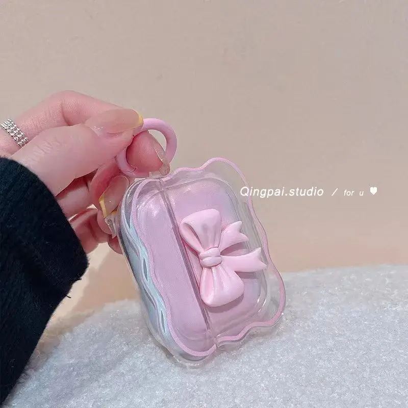 Wave-Edged Pink Gradient Bow Suitable for Apple AirPods Pro 3 Earphone Case and AirPods 4 Earphone Cover