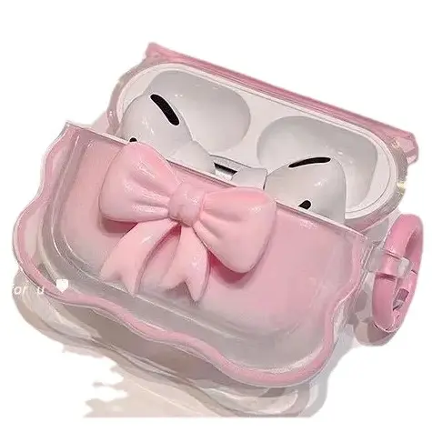 Wave-Edged Pink Gradient Bow Suitable for Apple AirPods Pro 3 Earphone Case and AirPods 4 Earphone Cover