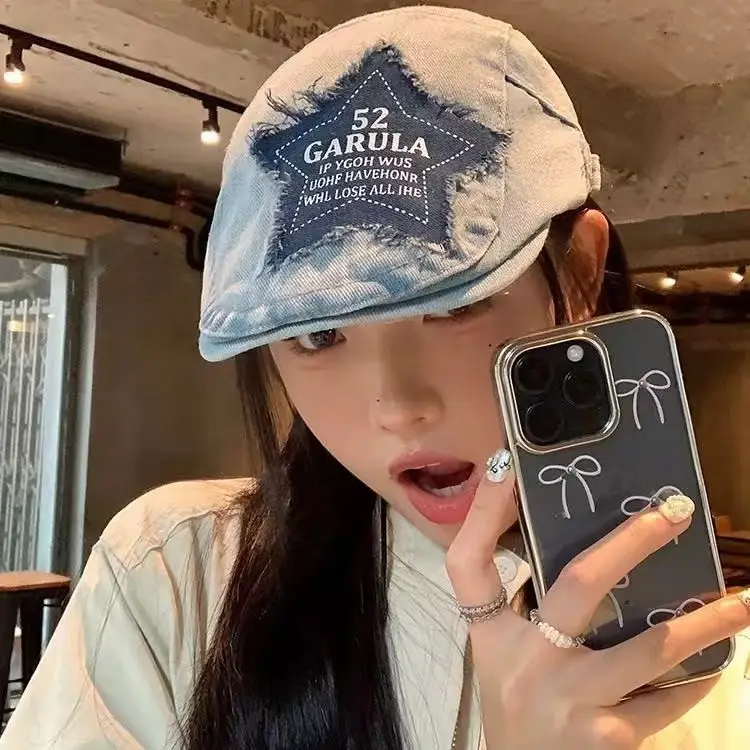 Y2K Star Patch Forward Cap Distressed Denim Vintage Beret Children Autumn Fashion Painter Cap - Image 6