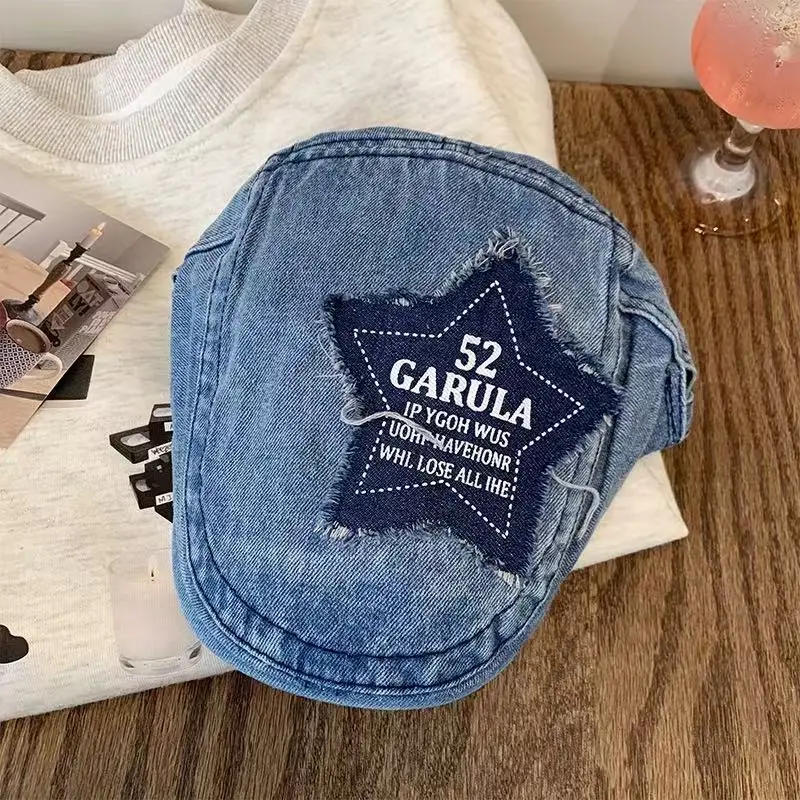 Y2K Star Patch Forward Cap Distressed Denim Vintage Beret Children Autumn Fashion Painter Cap - Image 7
