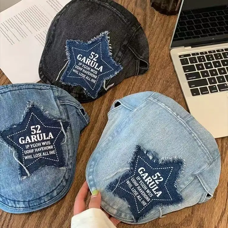 Y2K Star Patch Forward Cap Distressed Denim Vintage Beret Children Autumn Fashion Painter Cap - Image 8