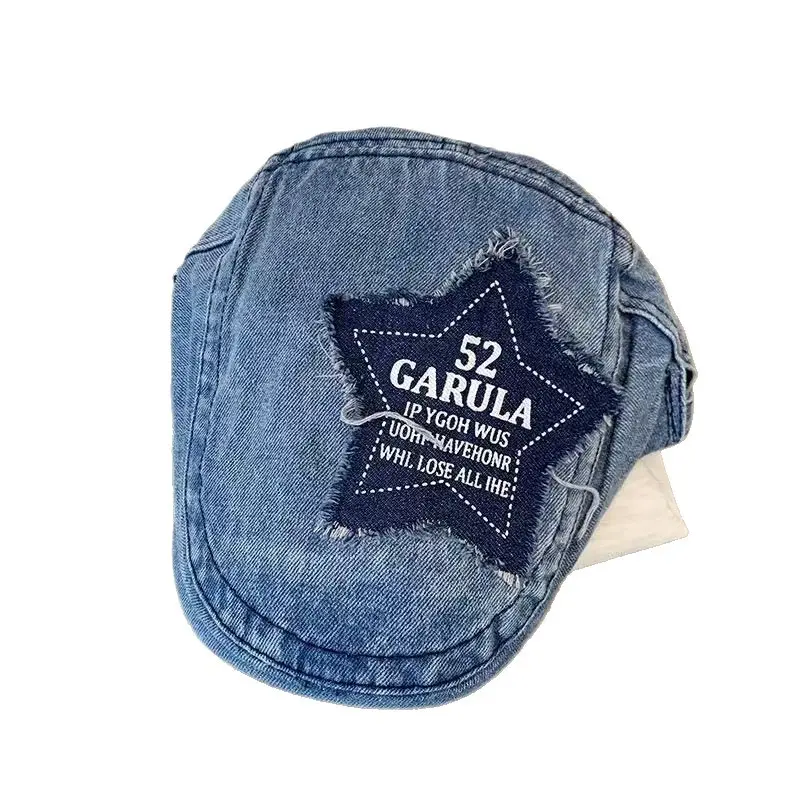 Y2K Star Patch Forward Cap Distressed Denim Vintage Beret Children Autumn Fashion Painter Cap - Image 9