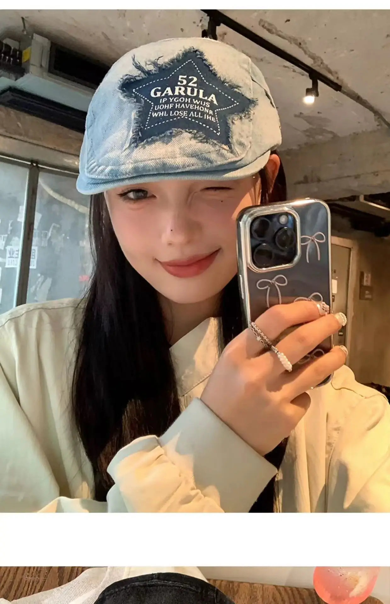 Y2K Star Patch Forward Cap Distressed Denim Vintage Beret Children Autumn Fashion Painter Cap — feature 10