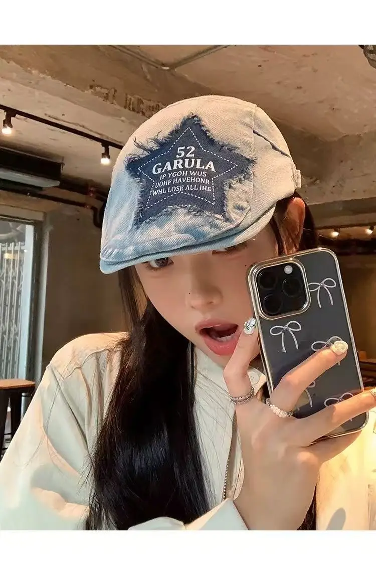 Y2K Star Patch Forward Cap Distressed Denim Vintage Beret Children Autumn Fashion Painter Cap — feature 12