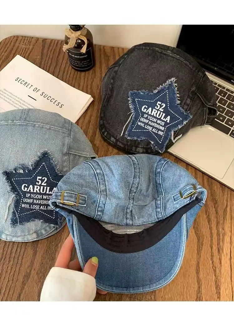Y2K Star Patch Forward Cap Distressed Denim Vintage Beret Children Autumn Fashion Painter Cap — feature 6