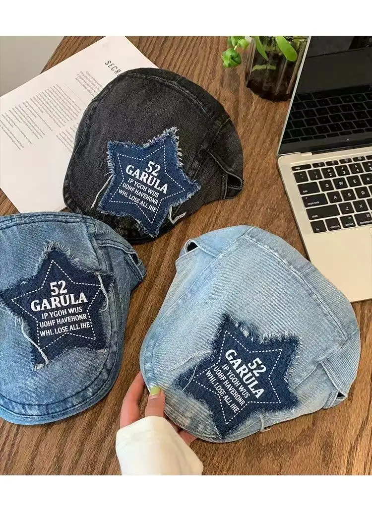 Y2K Star Patch Forward Cap Distressed Denim Vintage Beret Children Autumn Fashion Painter Cap — feature 7