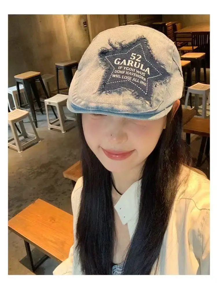 Y2K Star Patch Forward Cap Distressed Denim Vintage Beret Children Autumn Fashion Painter Cap — feature 9