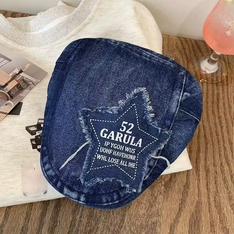 Y2K Star Patch Forward Cap Distressed Denim Vintage Beret Children Autumn Fashion Painter Cap - Image 2