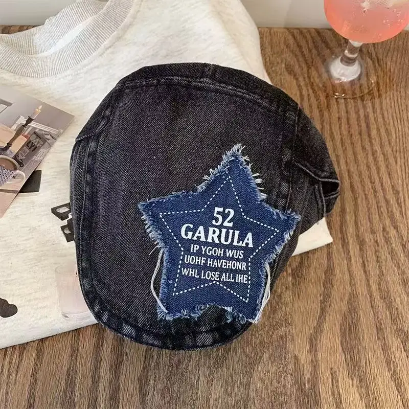 Y2K Star Patch Forward Cap Distressed Denim Vintage Beret Children Autumn Fashion Painter Cap - Image 3