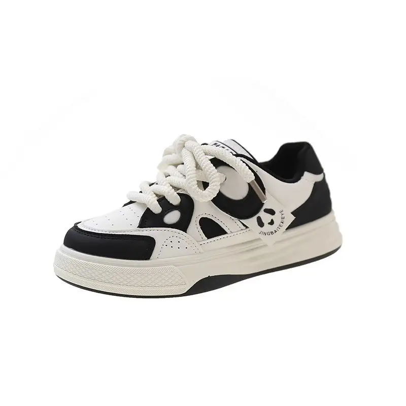 Leather Women's Shoes Trendy Fashion Low-Top Breathable Panda Casual Shoes Versatile Thick-Soled Lace-Up Women's Sneakers Wholesale