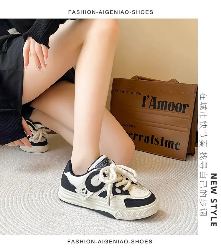 Leather Women's Shoes Trendy Fashion Low-Top Breathable Panda Casual Shoes Versatile Thick-Soled Lace-Up Women's Sneakers Wholesale — feature 26
