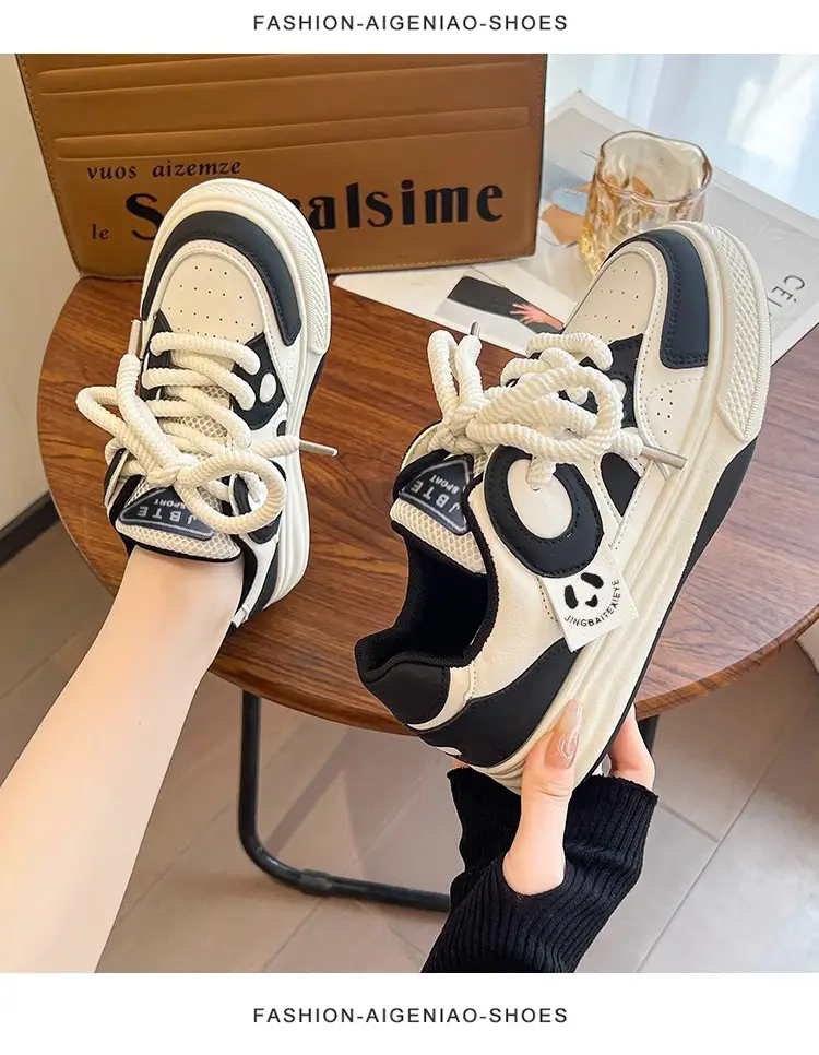 Leather Women's Shoes Trendy Fashion Low-Top Breathable Panda Casual Shoes Versatile Thick-Soled Lace-Up Women's Sneakers Wholesale — feature 27